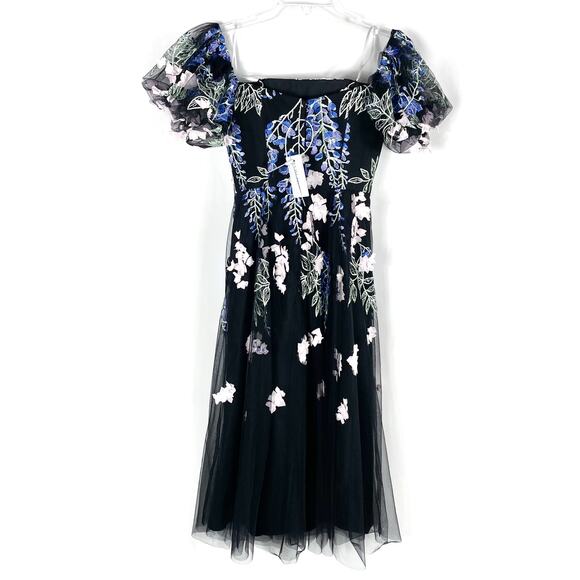 Marchesa Embroidered Tulle Midi Dress Black Blue 3D Floral Off Shoulder Sz 0 - Picture 8 of 12